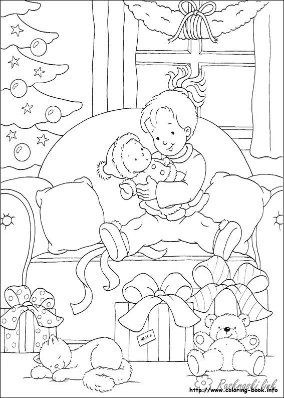 Розмальовки новорічні розмальовки дітям, чорно-білі картинки, новий рік, свято, зима, подарунки, очікування, ранок, дівчинка
