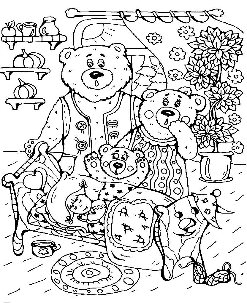 Раскраски раскраски для детей по сказкам Три медведя обнаружили спящею девочку у себя в кроватке