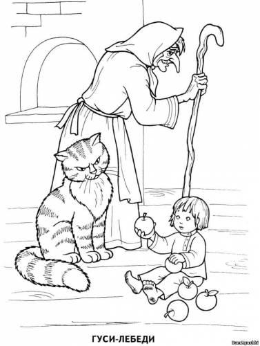 Раскраски раскраски для детей по сказкам Баба яга украла мальчика теперь он сидит у нее в избушке на полу и предлагает яблоко коту.