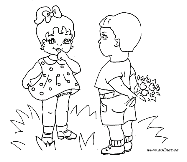 Раскраски раскраски для детей по сказкам Маленький мальчик спрятал за с пенной букетик цветов что бы подарить их девочке