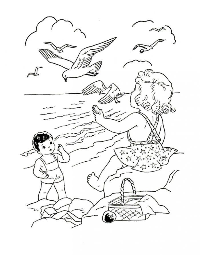 Раскраски раскраски для детей по сказкам Дети отдыхают на берегу моря и сверху летают чайки
