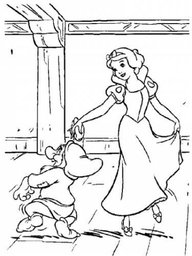 Раскраски раскраски для детей по сказкам Белоснежка танцует с гномиком кружась вокруг него