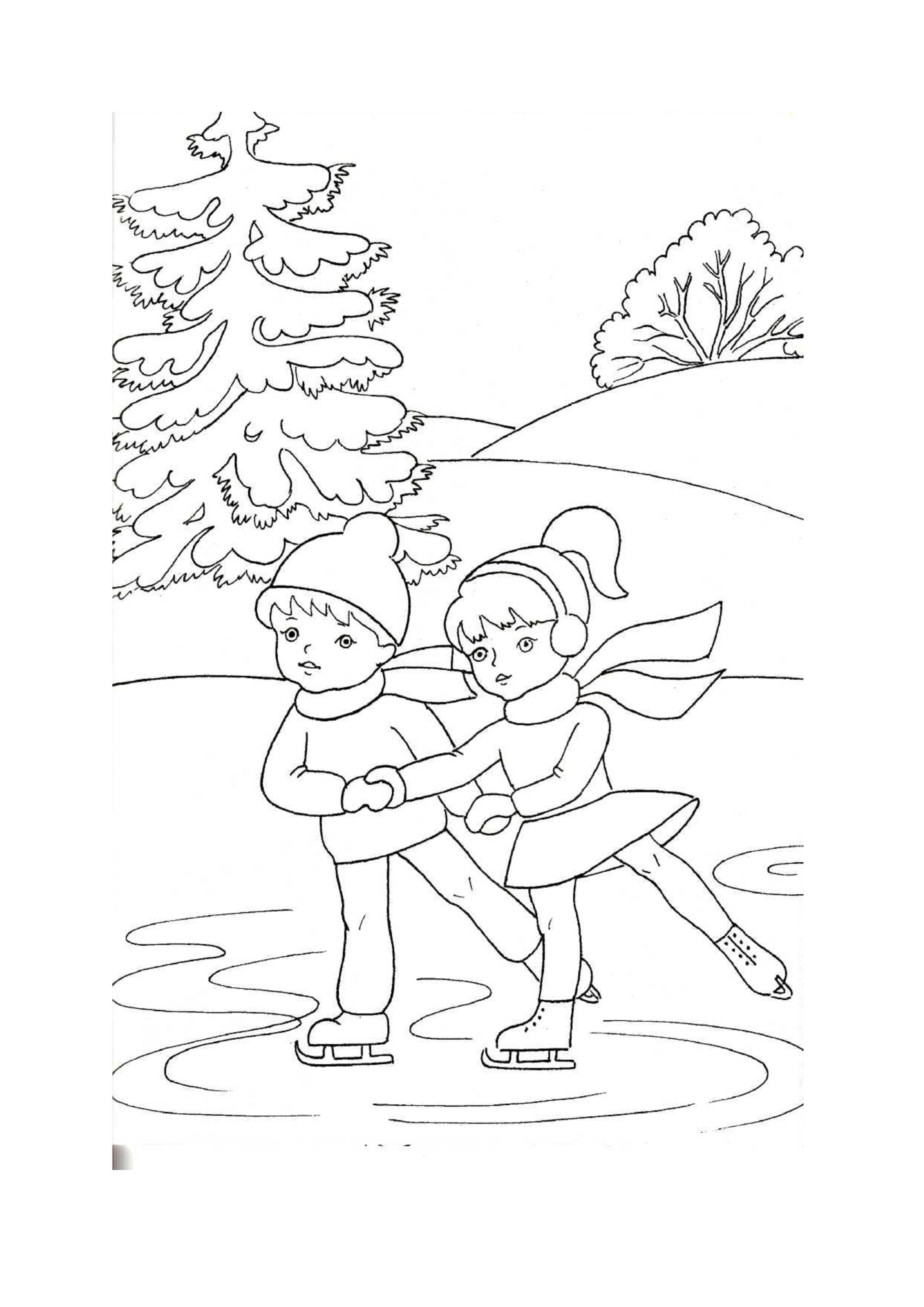 Раскраски дети, Раскраска Дети катаются на коньках на льду снег.