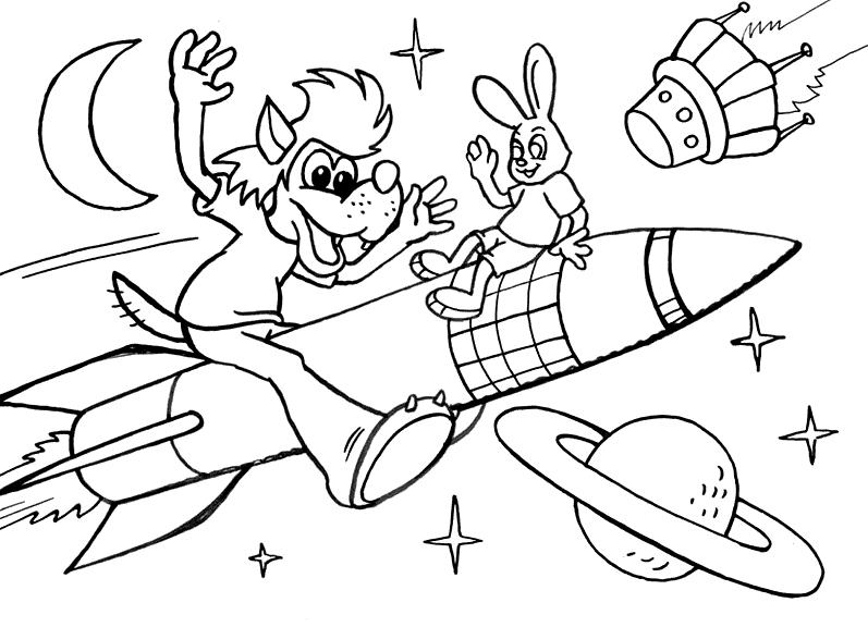Раскраски Ну, погоди! Серый волк с зайцем летят на ракете в космос пролетая полумесяц спутник и Сатурн 