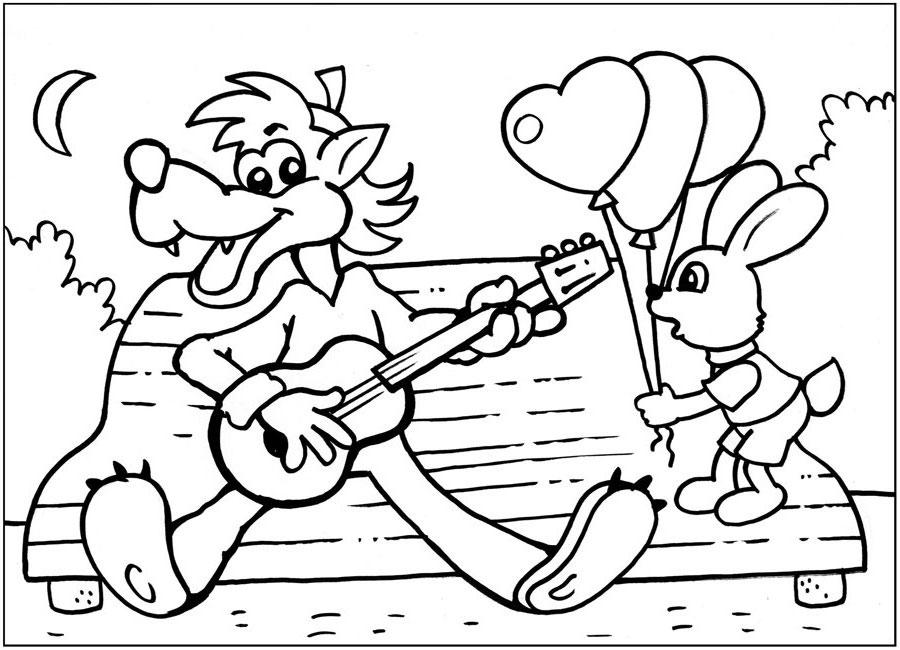 Раскраски Ну, погоди! Серый волк сидит на скамейки и играет на гитаре, а рядом стоит заяц с воздушными шарами.