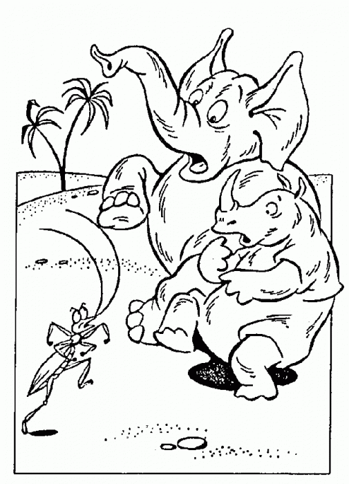 Раскраски раскраски по сказкам Чуковского Тараканище пугает своими усами большого слона и носорога