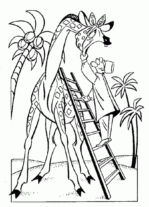Раскраски раскраски по сказкам Чуковского Доктор айболит взобравшийся по лестнице смотрит жирафу зубки
