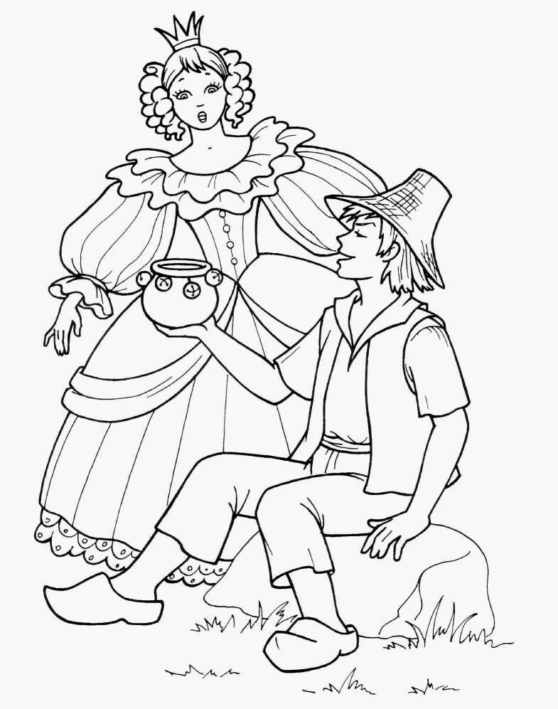 Раскраски раскраски по сказкам Андерсена Мальчик в шляпе сидит на камне и держит в руке кувшинчик а рядом стоит принцесса