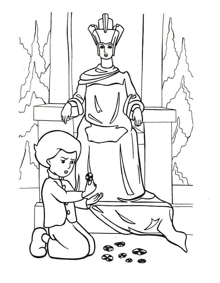 Раскраски раскраски по сказкам Андерсена Мальчик Кай играет в кристаллы, и за ним наблюдает снежная королева 