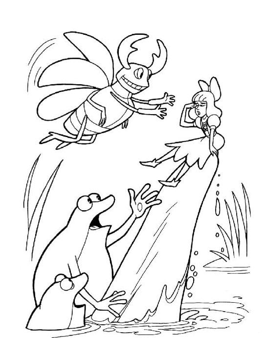 Раскраски раскраски по сказкам Андерсена Майский жук спасает дюймовочку от жаб на болоте 