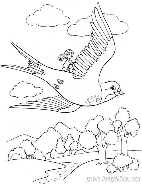 Раскраски раскраски по сказкам Андерсена Дюймовочка летит на ласточке в теплые края.