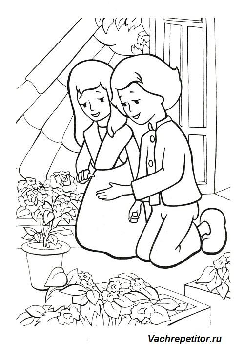 Раскраски раскраски по сказкам Андерсена Кай и Герда любуются двумя розами в горшочке