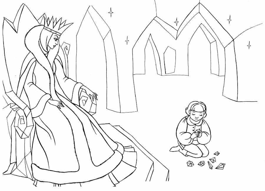 Раскраски раскраски по сказкам Андерсена Мальчик Кай играется с алмазами у Снежной королевы в замке
