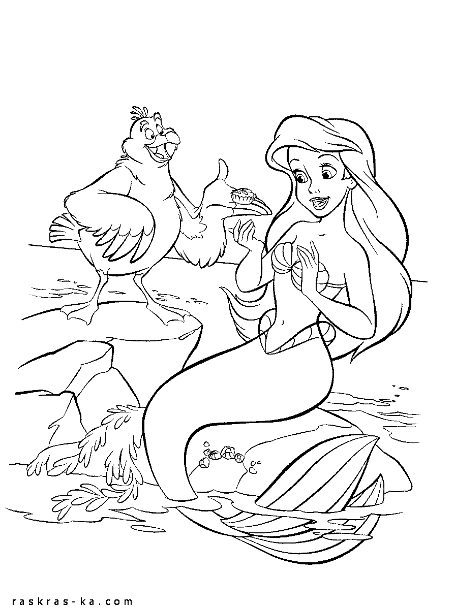 Раскраски раскраски по сказкам Андерсена Русалка сидит на камне, а ей птица предлагает пирожное.
