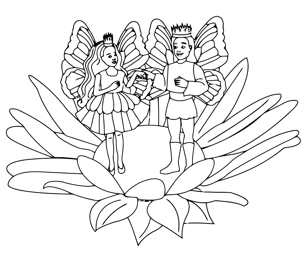 Раскраски раскраски по сказкам Андерсена Дюймовочка и Король эльфов стоят на цветке держась за руки