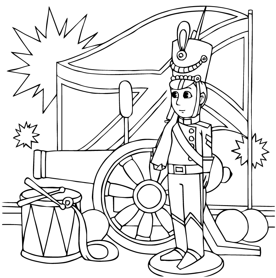 Раскраски раскраски по сказкам Андерсена Стоит оловянный солдатик и рядом с ним находиться пушка и барабан 