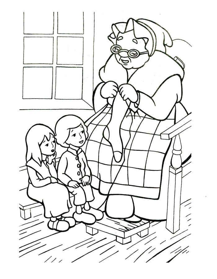 Раскраски раскраски по сказкам Андерсена Кай и Герда сидят на стульчике а рядом с ними бабушка вяжет носочек.