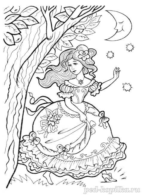 Раскраски раскраски по сказкам Андерсена Золушка бежит по среди ночи в пышном платье и в одной туфельки