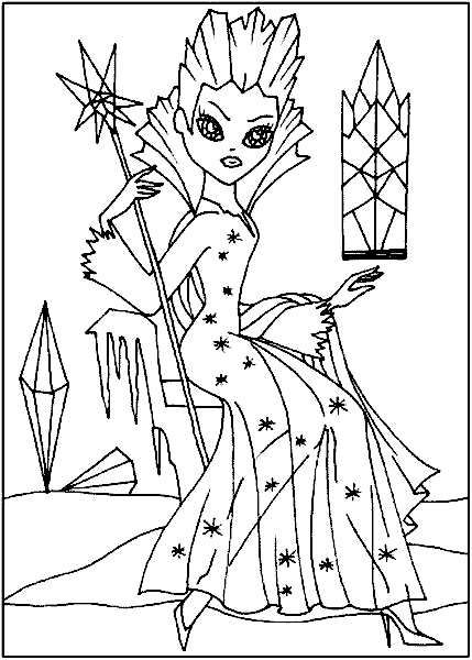 Раскраски раскраски по сказкам Андерсена Снежная королева сидит на троне и держит в руке свой посох.