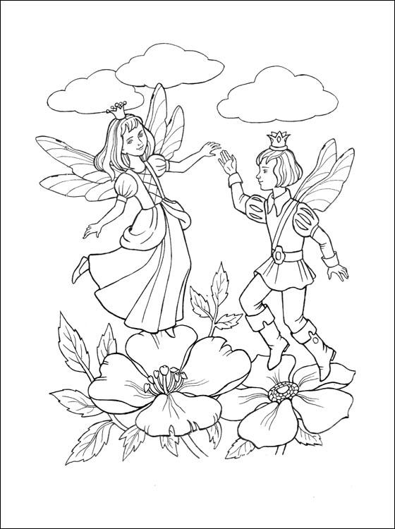 Раскраски раскраски по сказкам Андерсена Дюймовчка и Король эльфов летают вместе над цветами