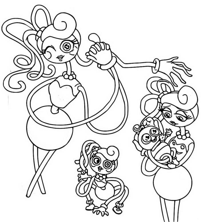 Раскраски Хаги ваги Веселые друзья из Хорор игры в объятиях мамочки паука с длинными ногами и руками