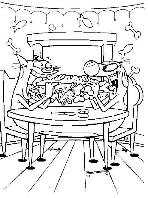 Розмальовки улюблену Котопес, розфарбування, кіт, пес, їжа, обід, кістки, риба