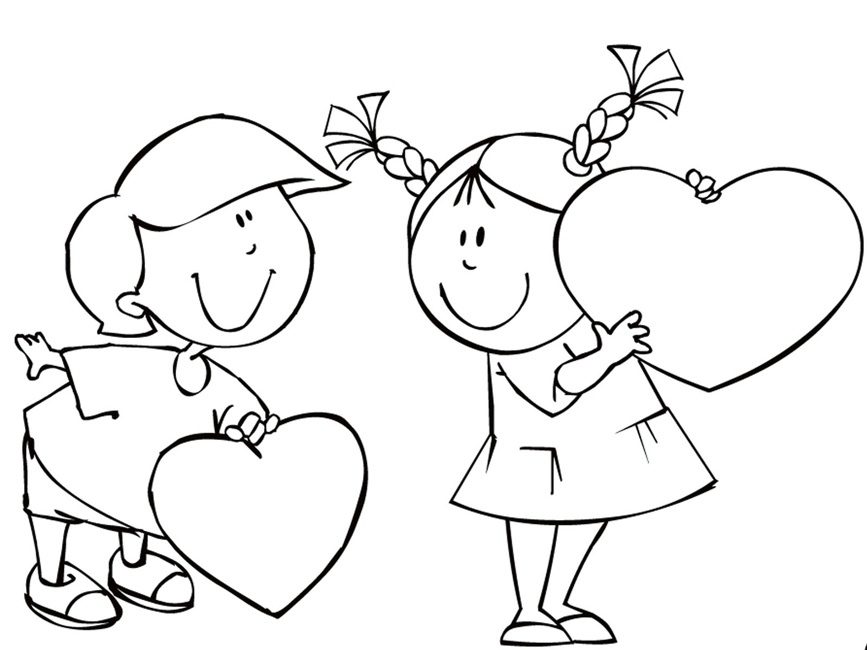 Розмальовки День Святого Валентина дівчинка хлопчик серце розфарбування