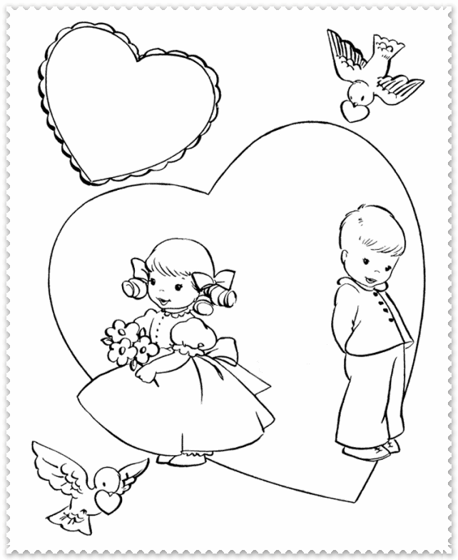 Розмальовки День Святого Валентина День Святого Валентина, сердца, дети, голуби