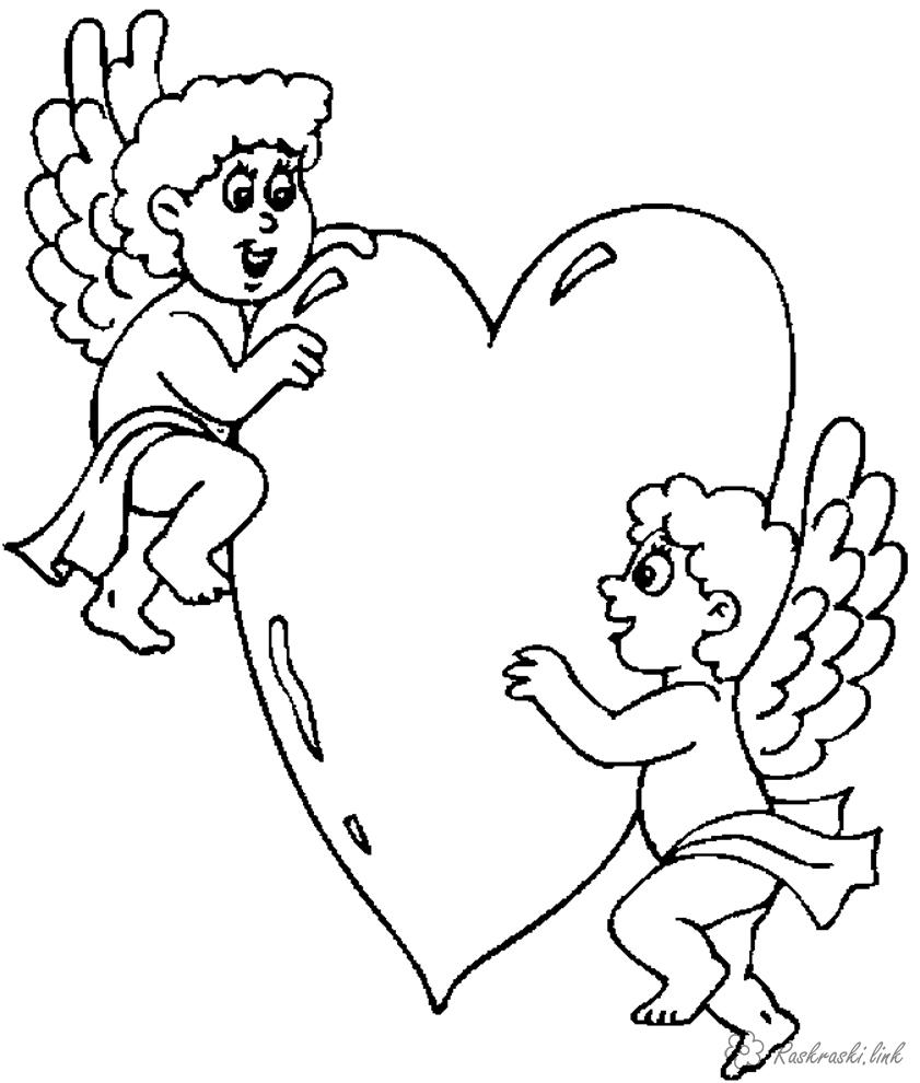 Розмальовки День Святого Валентина День Святого Валентина, сердца, ангелочки