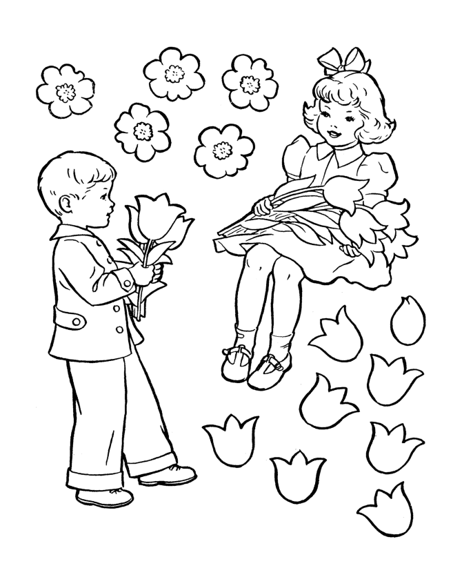 Розмальовки День Святого Валентина Девочка, мальчик, дети, тюльпаны, цветы,