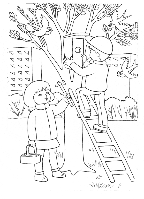 Розмальовки Весна дети устанавливают скворечник на дерево, весна, раскраска, девочка и мальчик