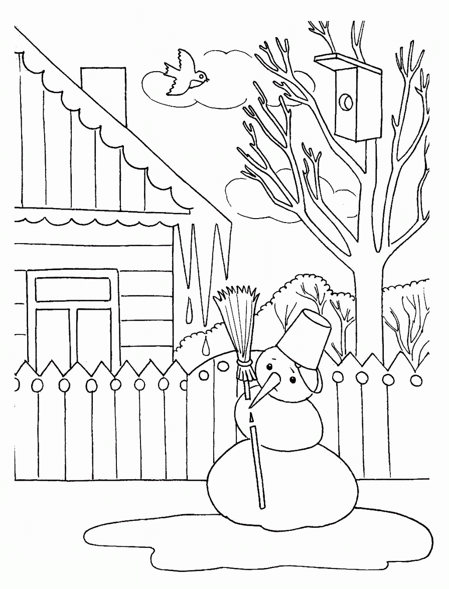 Coloring birdhouse Spring, snowman, birdhouse