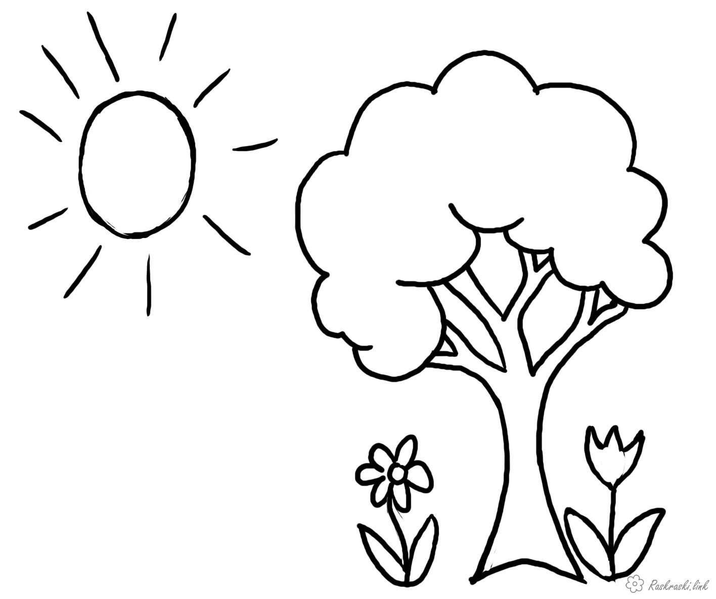 Розмальовки природа дерево сонце квіти
