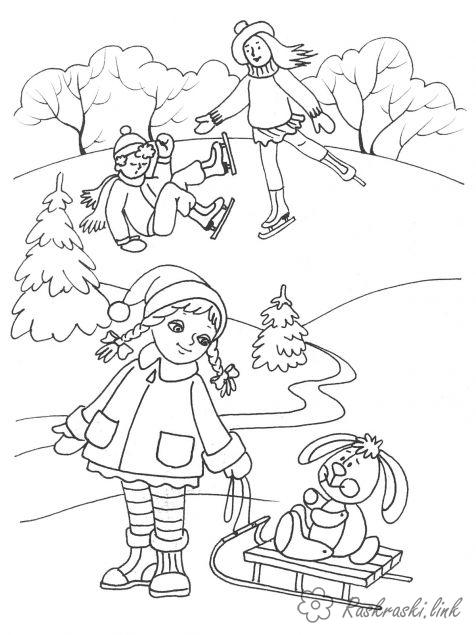 Розмальовки Відпочинок на природі Детские раскраски, природа, отдых, отдых на природе, девочка на коньках, девочка с санками, зайчик, зима, снег