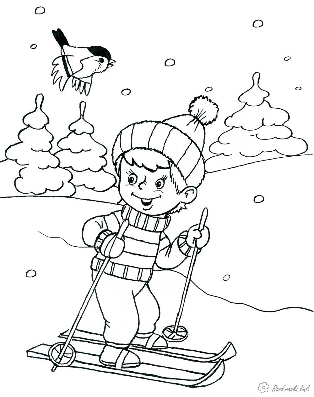 Розмальовки Відпочинок на природі Дитячі розмальовки, природа, відпочинок, відпочинок на природі, зима, хлопчик на лижах