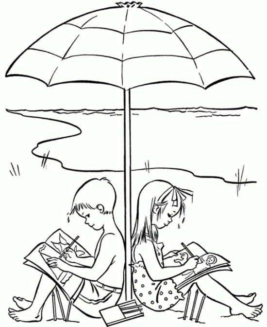 Розмальовки Відпочинок на природі Детские раскраски, природа, отдых, отдых на природе, дети, дети под зонтиком, море, озеро, дети читают