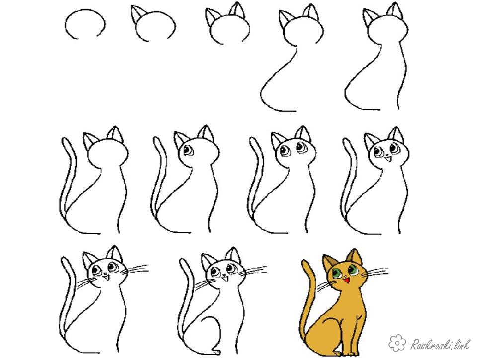 Раскраски Как нарисовать кот, поэтапно, рисовать