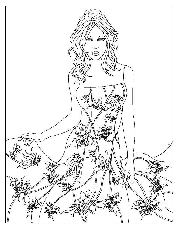 Розмальовки Розфарбувати одяг дівчина плаття малюнки у формі квітів красива