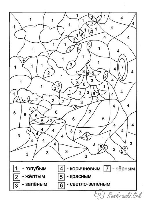 Розмальовки Математичні розмальовки 1 клас Ліс пень гриб розфарбуй по цифрах