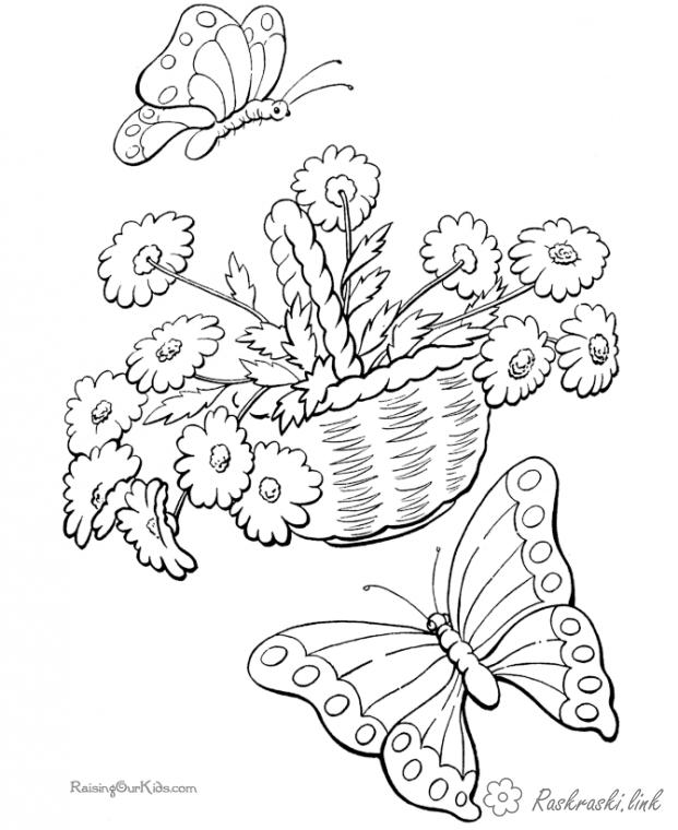 Розмальовки Розфарбувати квіти бабочка цветы корзина