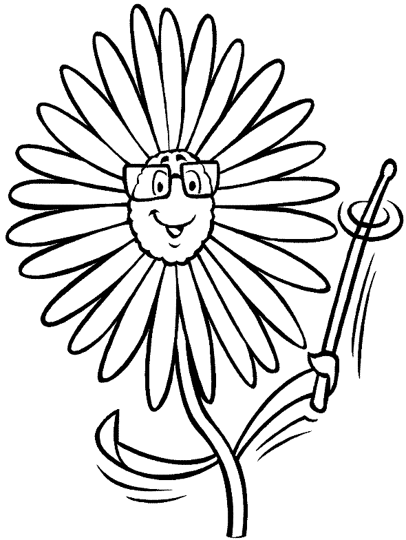 Розмальовки Розфарбувати квіти усміхнений квітка з окулярами з палицею посміхається