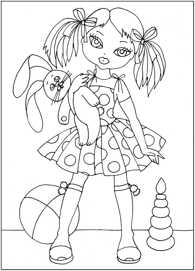 Розмальовки Розфарбуй дівчинку девочка кукла в форме зайца мяч хочет играть