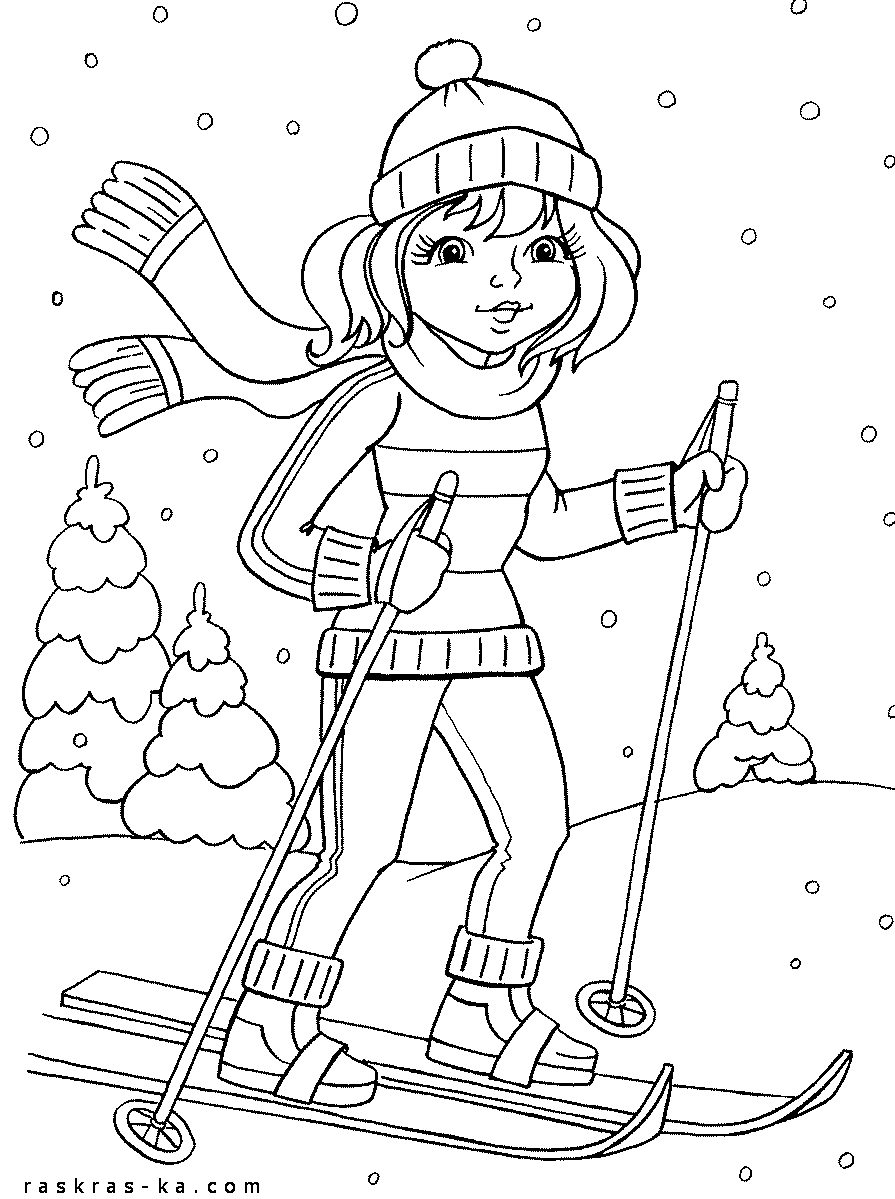 Розмальовки Розфарбуй дівчинку дівчинка катається на лижах шапка одяг лижі