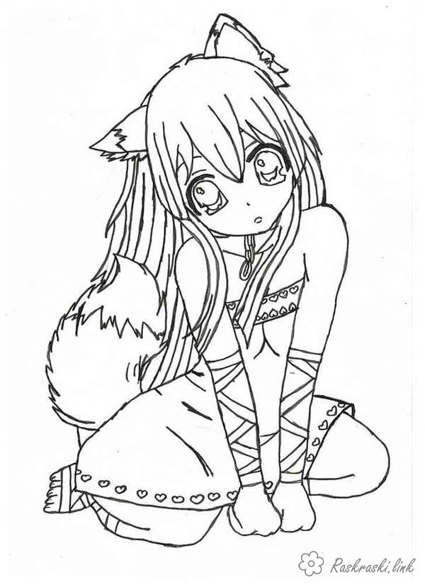 Розмальовки дівчинку Грустная девочка кошка