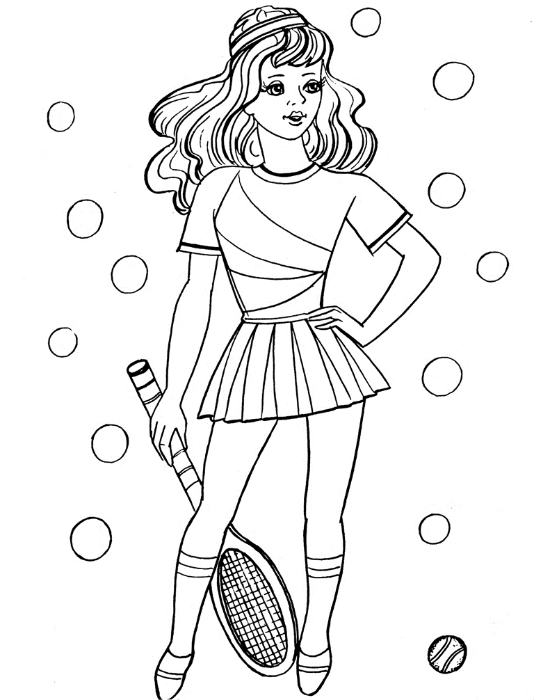 Розмальовки Дівчаткам розфарбування, дівчинка, ракетка, м'ячики, теніс