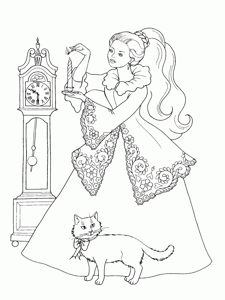 Розмальовки Дівчаткам  розмальовки для дівчаток, годинники, кіт, принцеса