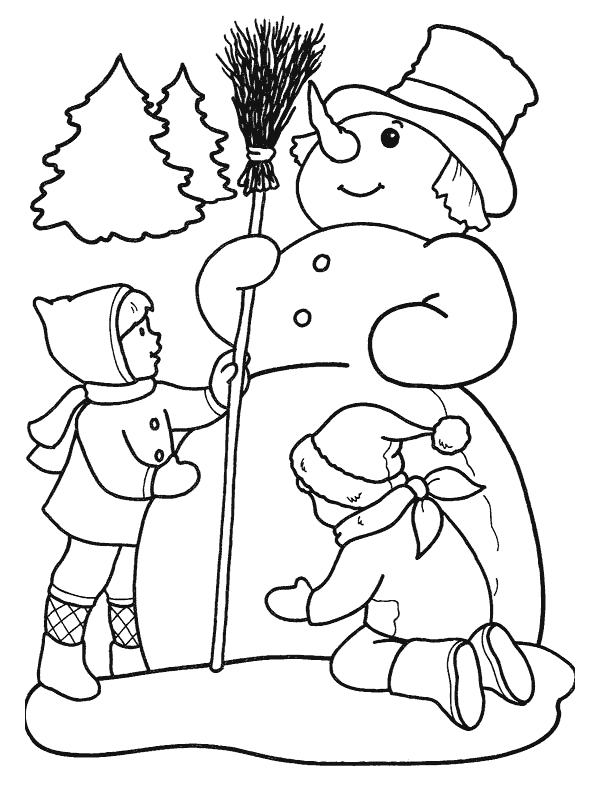 Розмальовки Зима сніговик, мітла, дівчинка, шапка, новий рік