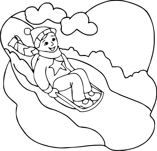 Розмальовки Зима зима бобслей хлопчик санки шарф шапка зірка