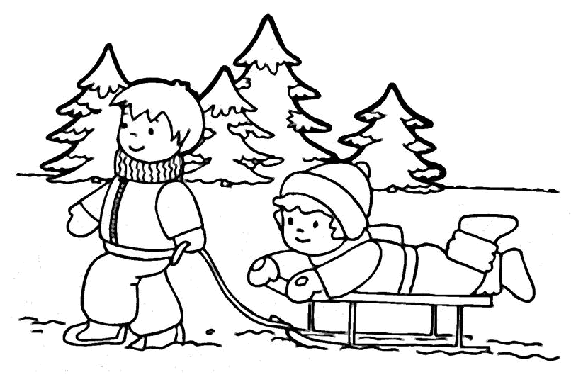 Розмальовки Зима діти малюки катаються на санях їли дерева