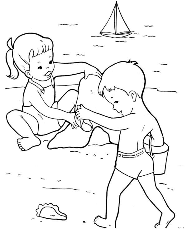 Розмальовки Літо дитячі розмальовки, хлопчик, дівчинка, пісок, корабель